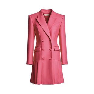 MAGGIEMA设计师款羊毛西装裙双排扣洋红色甜美百褶秋冬风衣外套
