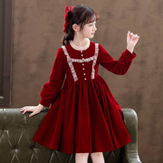 女童秋冬款洋气加绒连衣裙，2023秋季儿童公主，裙小女孩红色裙子