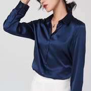 俞飞鸿同款重磅真丝衬衫，女桑蚕丝衬衣藏蓝色，长袖气质高端缎面上衣