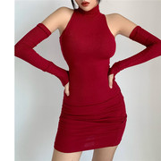 SUP红色性感高领带袖套高领连衣裙早秋修身紧身气质包臀短裙