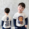 23春秋季日系潮男儿中童装卡通猴子字母纯棉假两件套长袖T恤