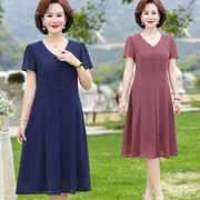 中老年女装雪纺短袖连衣裙，2024夏季中年妈妈时尚，洋气纯色裙子