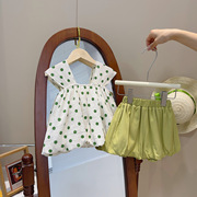 2023韩版夏季绿色女童圆点无袖，上衣女宝，背心裙花苞短裤套装23133