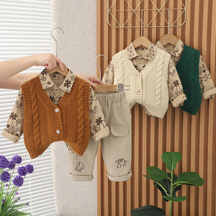 儿童秋装毛衣马甲三件套婴儿，0-4岁洋气春秋，衬衫衣服男童2宝宝套装