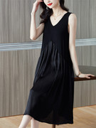 黑色吊带连衣裙女夏装，2023年高贵洋气，减龄背心裙无袖中长裙