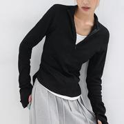 KEN STUDIO秋季黑色短款长袖T恤上衣女假两件设计显瘦打底衫