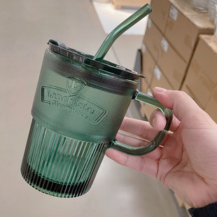 ins复古墨绿冷萃咖啡杯磨砂感耐热加厚玻璃杯带盖把手吸管杯