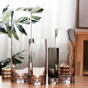 简约瓶底气泡玻璃花瓶 透明水培插花花瓶直筒花器 客厅创意摆设