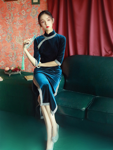 老上海复古名媛旗袍少女长款丝绒中国风，年轻款优雅气质长款连衣裙