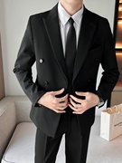 黑色休闲西装外套男高级感痞帅垫肩西服，双排扣大码三件一整套装