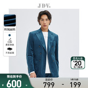 JDV男装秋季灰蓝色双排扣戗驳领通勤休闲修身丝绒西装西服外套