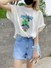  韩国夏季很多小破洞时尚设计绿色兔子纯棉白色短袖T恤