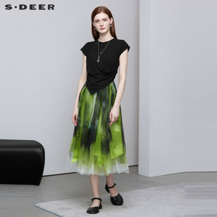 sdeer圣迪奥小众设计高级感长裙女圆领晕染网纱连衣裙S222Z12C7