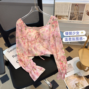 捡漏~撤回外贸春秋洋气碎花方领系带长袖雪纺衫上衣女潮