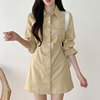 韩国chic秋季法式气质翻领单排扣收腰显瘦长袖，小个子衬衫式连衣裙
