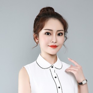 韩版小圆领衬衫带黑色，狗牙花边的圆型假领子女，白色雪纺无袖衫