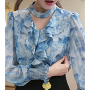 法式高端奢华蓝色雪纺上衣，春夏小众设计感优雅高级荷叶边女士衬衫