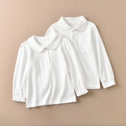 男女儿童春秋款纯棉白色t恤学生校服打底衫娃娃领长袖衬衫polo领