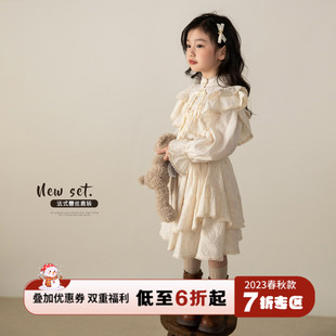 香港靓妞女童秋装2023女宝宝秋季蕾丝套装儿童国风素雅套裙