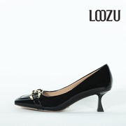 龙足loozu2022年春夏漆皮，高跟瓢鞋方头小跟气质优雅办公女鞋