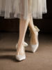 配绸缎法式新娘伴娘日常可穿成人礼高跟鞋细跟婚鞋白色婚纱单鞋女