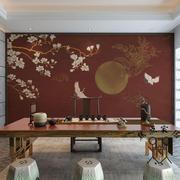 新中式古风壁纸i玉兰花，客厅沙发背景墙纸，古典仙鹤壁画茶室书房墙