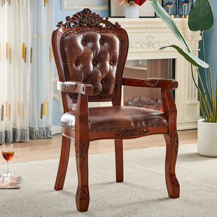欧式餐椅实木美式做旧家用麻将，扶手皮革简约酒店，洽谈靠背成人椅子