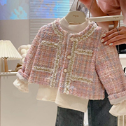 女童时尚秋季外套，2023童装短款儿童洋气，甜美粉色系小香风上衣