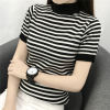 冰丝2022短袖T恤女学生韩版套头半高领条纹针织打底衫上衣