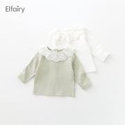 elfairy女童t恤长袖宝宝，打底衫女婴儿，衣服儿童花边领上衣纯棉春装