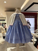 韩国高端童装春夏女宝宝蓝色，条纹背心裙白色镂空针织开衫