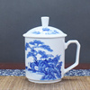 景德镇手绘陶瓷家用青花瓷大容量带盖水杯单个办公室茶杯个人专用