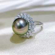 大溪地海水黑珍珠戒指指环，12-13mm正圆强光黑色，真珍珠大颗粒