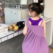 2024夏季女童宝宝文艺风吊带连衣裙韩版儿童紫色背心裙子两件套装