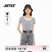 Jamor时尚短款女上衣夏慵懒加末短袖小众女设计感假两件