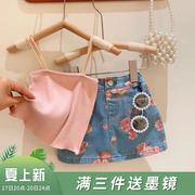 韩韩良品女童坑条吊带打底衫2023夏装洋气花朵牛仔短裙