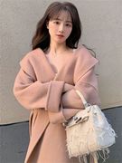 赫本风双面羊绒呢子大衣女韩系2023秋冬粉色毛呢外套高级感小个子