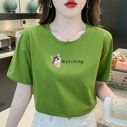 纯棉短袖t恤女2024夏季韩版小众宽松百搭草绿色，体恤上衣ins潮