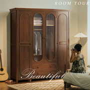 乡村美式实木衣柜卧室家用现代简约四门大衣橱，复古法式衣柜玻璃门