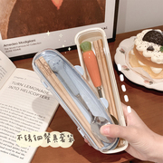 可爱筷子勺子餐具盒，不锈钢套装学生儿童便携式单人，装一人用收纳盒
