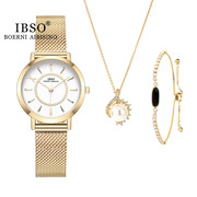 手表黑宝石手链珍珠项链礼物镶钻石英网带套装式女IBSO圆形