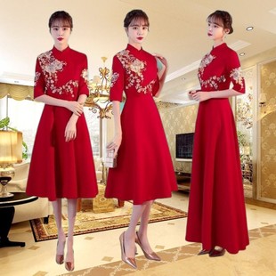 2024中式红色短袖礼仪旗袍迎宾朗诵诗歌大小合唱团气质演出服