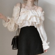韩国chic春季设计感小众荷叶，边一字肩v领喇叭袖上衣长袖衬衫女