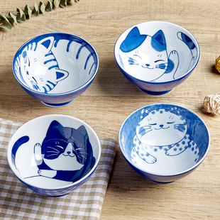 日式餐具陶瓷家用釉下彩面碗卡通招财，萌猫碗平盘日本进口米饭碗