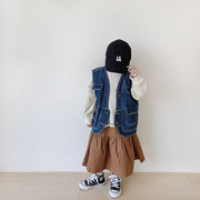 2022韩版日系亲子装女男童工装亲子宽松中长款牛仔马甲时尚上衣潮