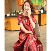 2023年红色真丝连衣裙女气质，复古杭州丝绸，夏季桑蚕丝妈妈裙子