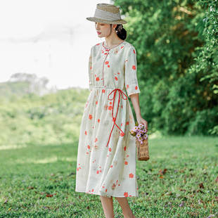 夏季苎麻印花连衣裙圆领，系带风花朵盘扣中袖大长裙