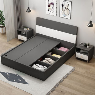 床箱板式床现代简约1.2米榻榻米多功能，双人床1.8米主卧高储物床