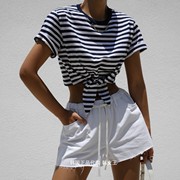 PAPER MOON 韩国2023年夏女装 时尚链条装饰短袖海军条纹T恤