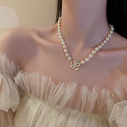 韩国东大门时尚个性珍珠镶钻花朵项链颈链锁骨链网红气质项饰